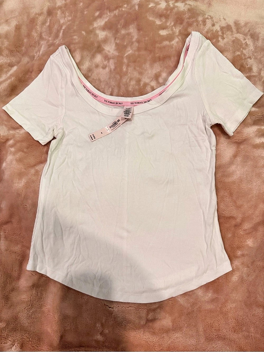 Victoria'Small Secret VS Iconic Rib Scoop Tee White & Pink Small